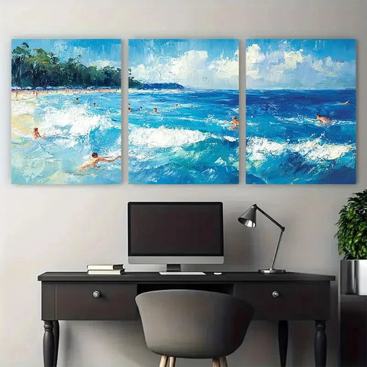 3pcs Joyful Coastal Summer Landscape Swimming Metal Print Ready to Hang Art