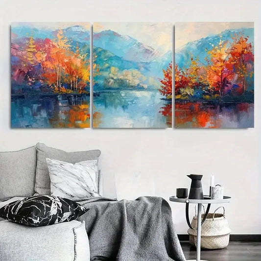 3pcs Vibrant Fall Foliage & Reflective Water Metal Print Ready to Hang Art