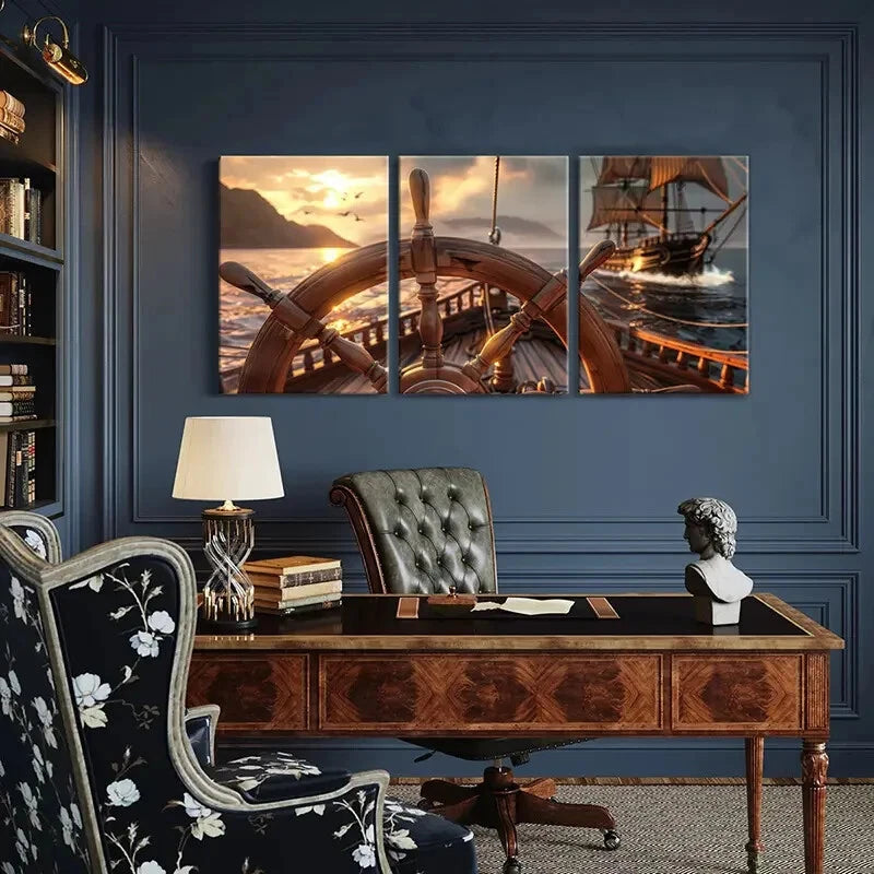 3pcs Rudder Sunset Ship Ocean Birds Art Painting Metal Print Ready to Hang Art