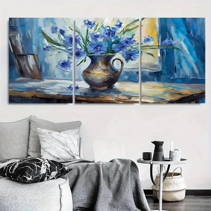 3pcs Elegant Cornflower Blue Floral Vase Wall Art Set Canvas Framed 60x90cm - High Quality Print 100% Australian Made Wall Canvas Ready to Hang