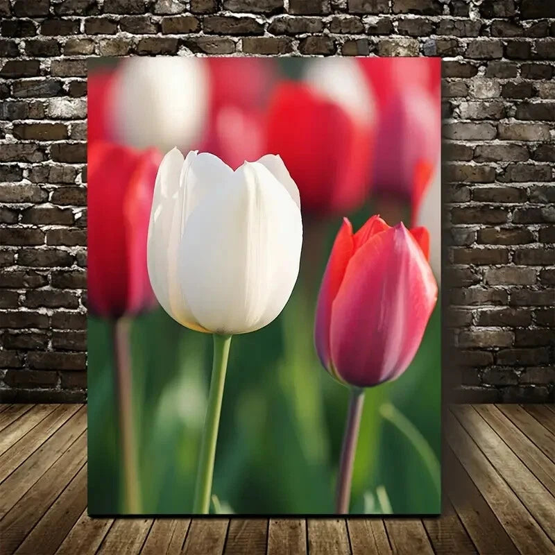 Red & White Tulips with Green Foliage,Painting 40x60cm Metal Print Ready to Hang