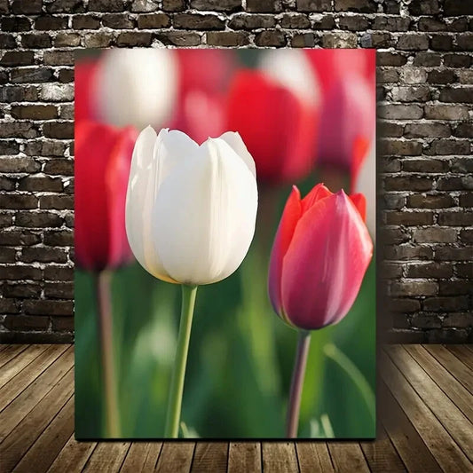 Red & White Tulips with Green Foliage,Painting 40x60cm Metal Print Ready to Hang
