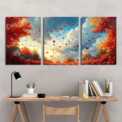 3pcs Giclee Autumn Landscape Falling Leaves Metal Print Ready to Hang Art