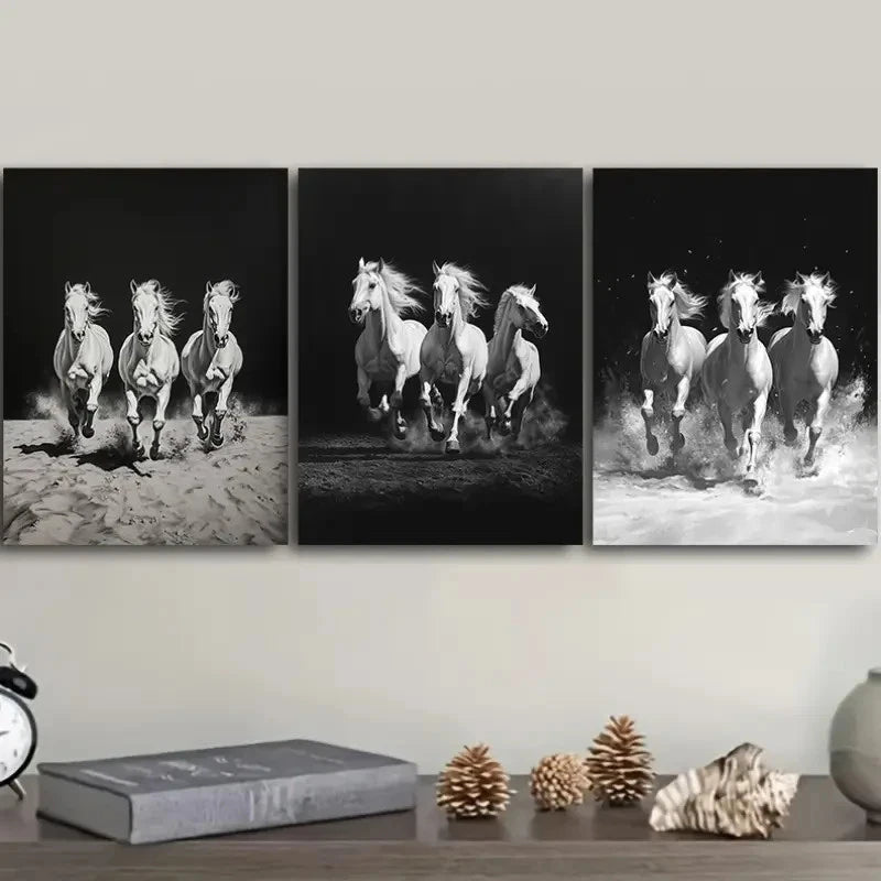 3pcs Three White Horses Are Running Painting Metal Print Ready to Hang Art