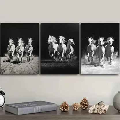 3pcs Three White Horses Are Running Painting Metal Print Ready to Hang Art