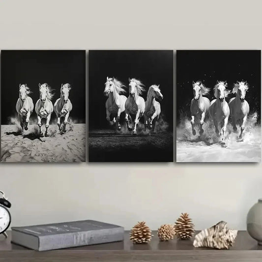 3pcs Three White Horses Are Running Painting Metal Print Ready to Hang Art