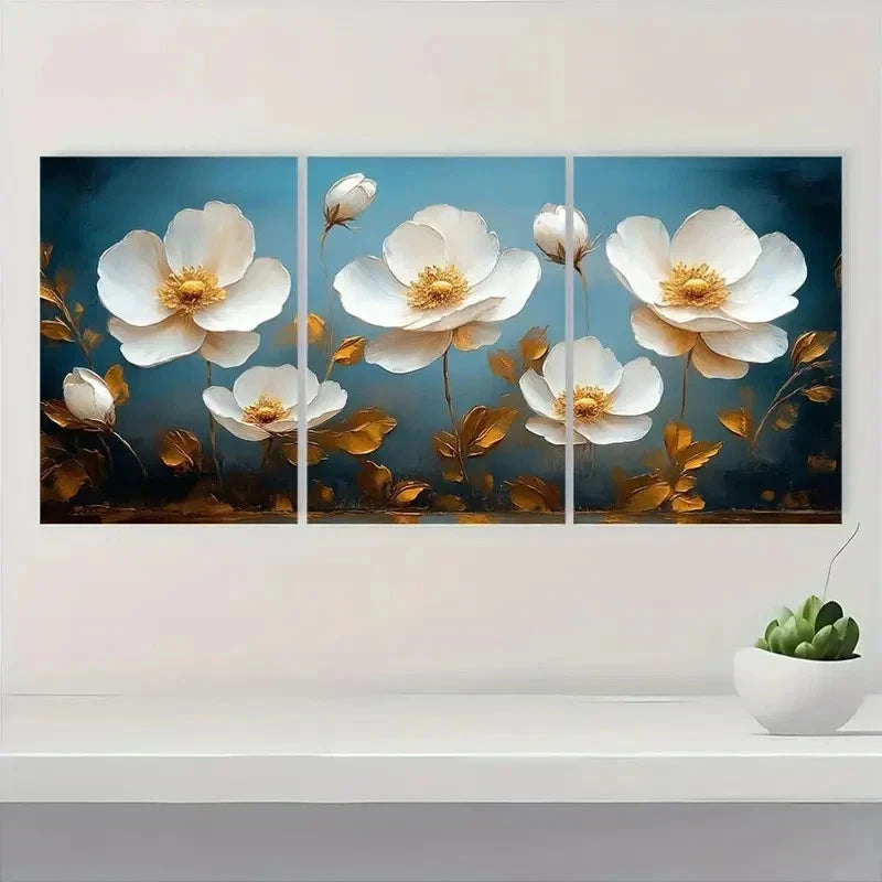 3pcs Golden Leaves - Classic White Flowers p Wall Art Set Canvas Framed 50x70cm - High Quality Print 100% Australian Made Wall Canvas Ready to Hang