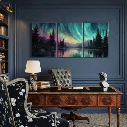 3pcs Vibrant Aurora Borealis Forest & Mountain Metal Print Ready to Hang Art