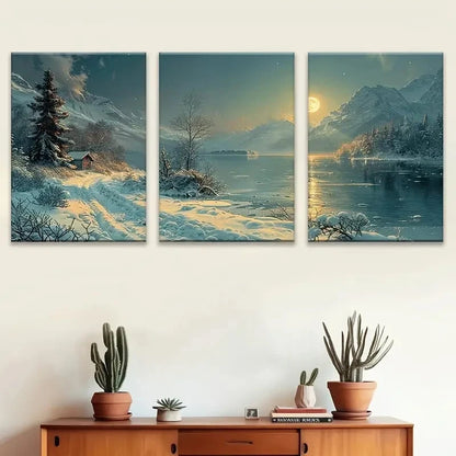 3pcs Winter Moonlit Night Landscape River Scene Metal Print Ready to Hang Art