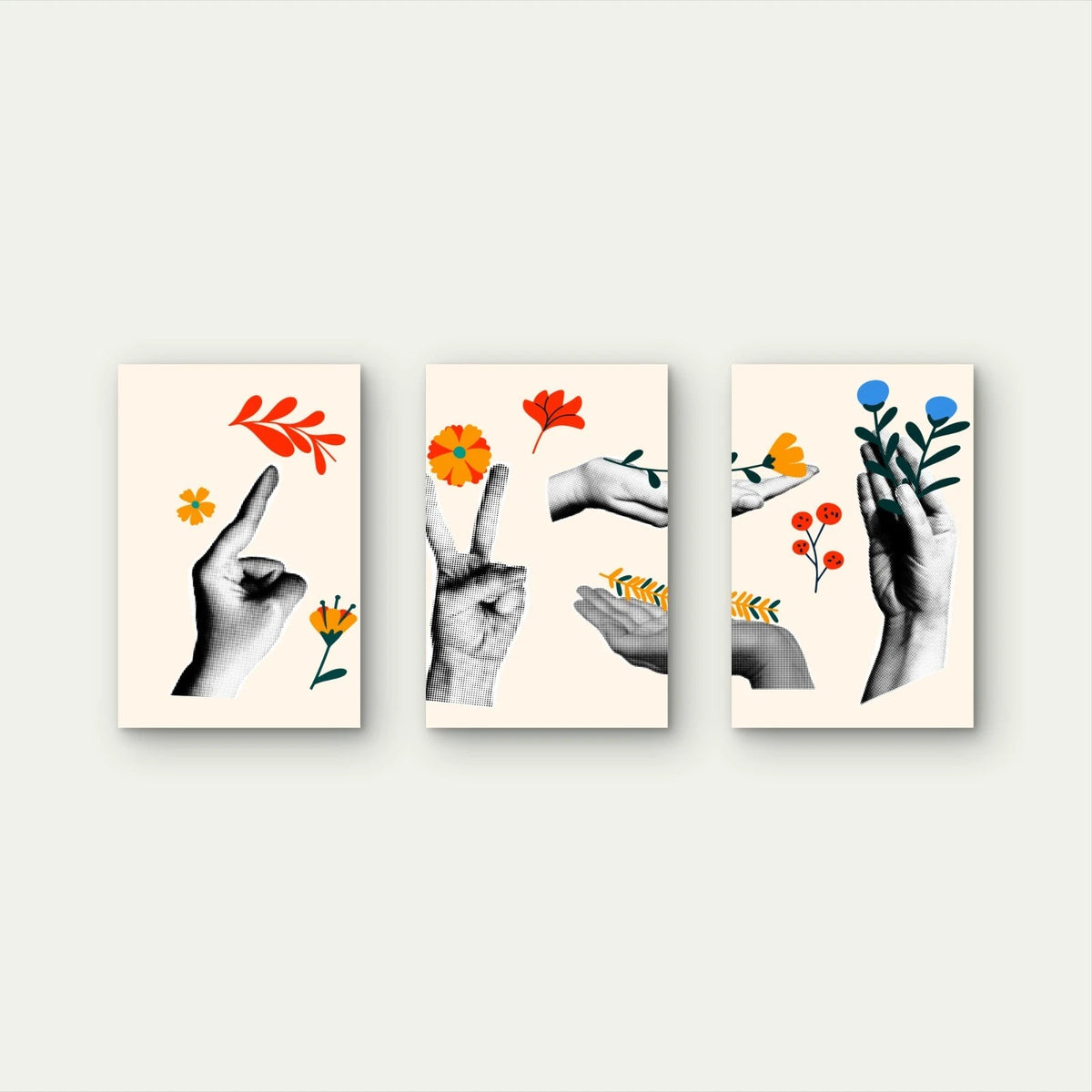 3pcs Vintage Retro Hand Collage Wall Art Set Canvas Framed 50x70cm - High Quality Print 100% Australian Made Wall Canvas Ready to Hang