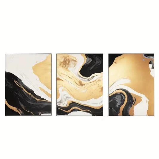3pcs Luxury Black and White Golden Abstract    Wall Art Set Canvas Framed 50x70cm - High Quality Print 100% Australian Made Wall Canvas Ready to Hang
