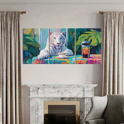3pcs White Tiger with Teacup & French Press Metal Print Ready to Hang Art