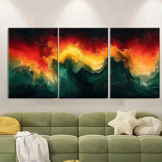 3pcs Green, Red and Yellow Vibrant Abstract Metal Print Ready to Hang Art