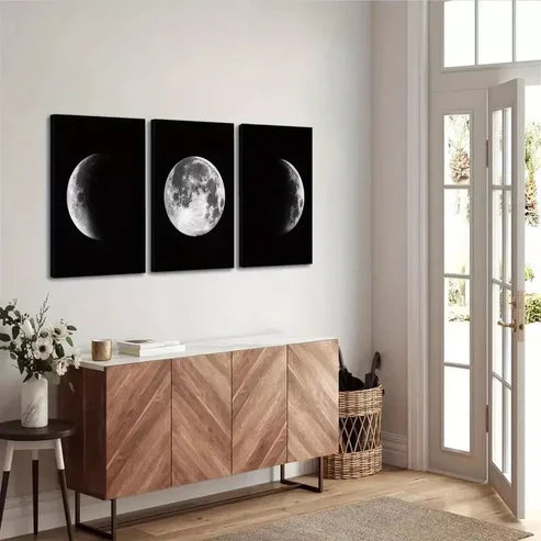 3pcs Full and Half Moon Black & White Wall Art Set Canvas Unframed - High Quality Print 100% Australian Made Wall Canvas