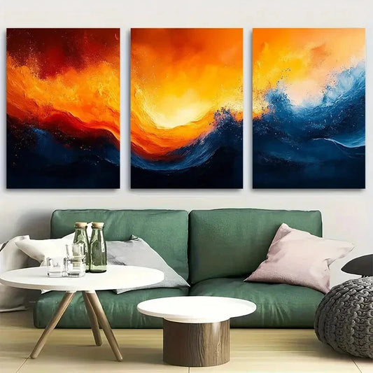3pcs Abstract Orange And Blue Composition Design Metal Print Ready to Hang Art