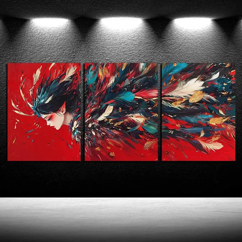 3pcs Vibrant Peacock Decoration Girl Design Metal Print Ready to Hang Art