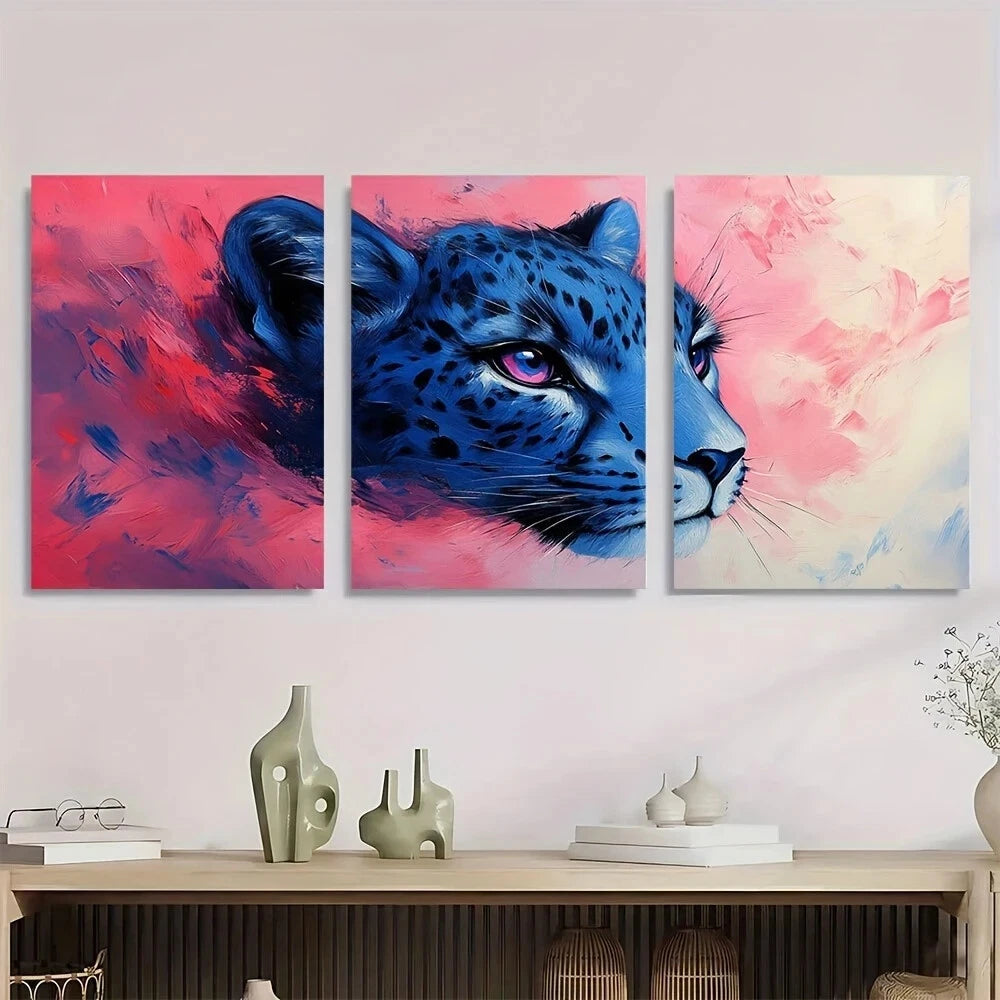 3pcs Modern Leopard Stylish Blue & Pink Animal Metal Print Ready to Hang Art