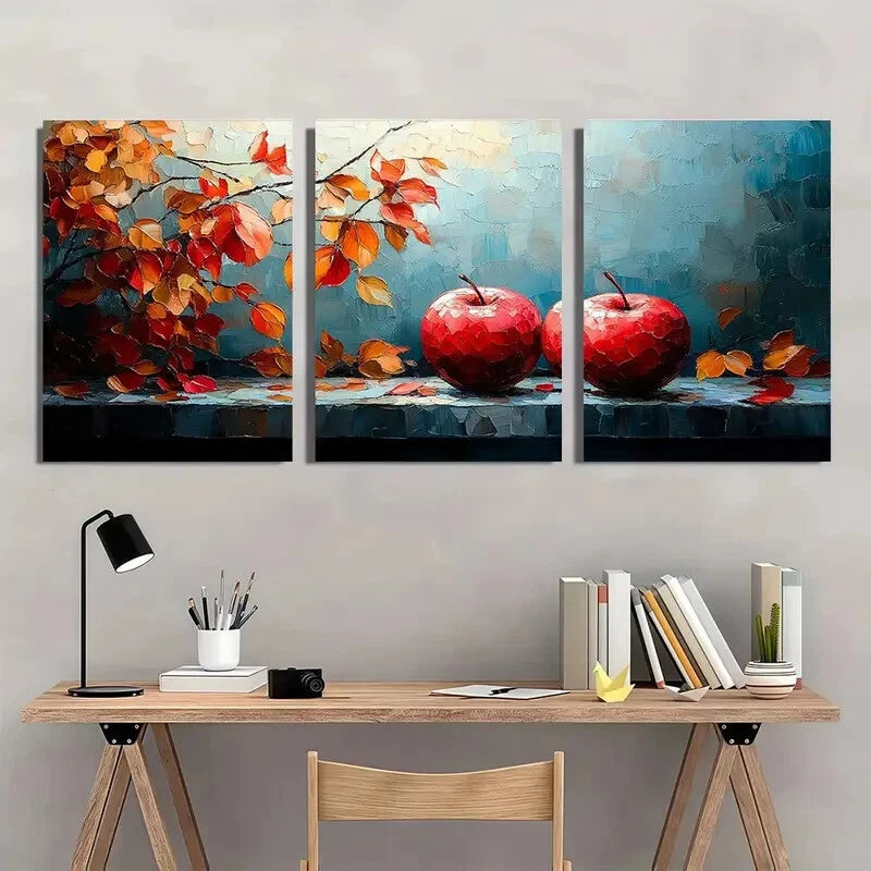 3pcs Vibrant Autumn Apple Orange Leaves on Blue Metal Print Ready to Hang Art