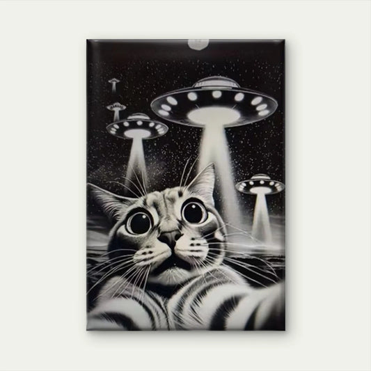 Whimsical Cat & UFO Adventure Oil Painting 60x90cm Metal Print Ready to Hang