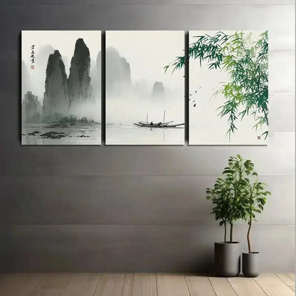 3pcs Chinese Ink Painting with Bamboo Leaves Metal Print Ready to Hang Art
