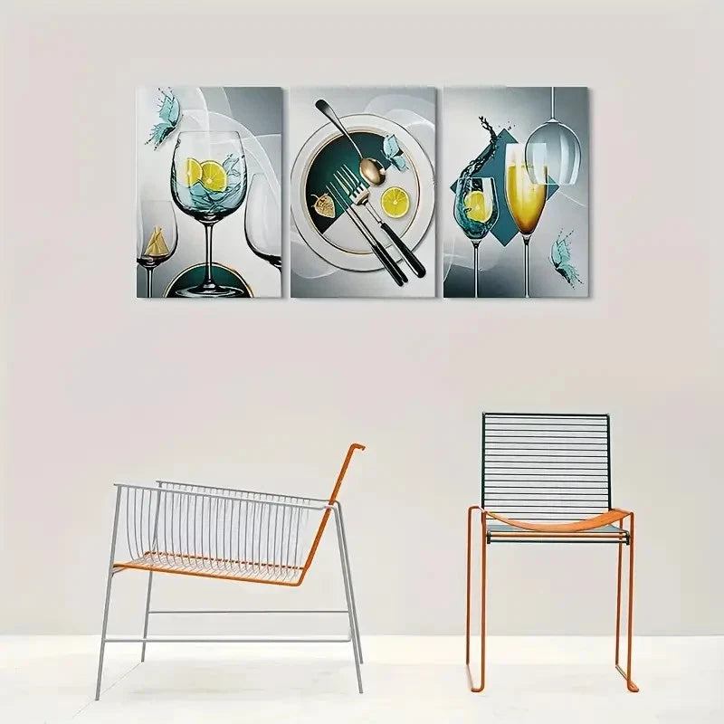 3pcs Wine Glasses Lemon Slices and Butterflies Metal Print Ready to Hang Art
