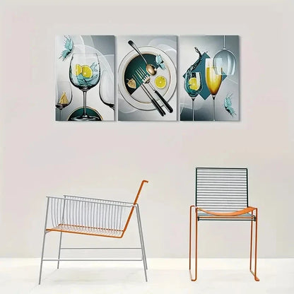 3pcs Wine Glasses Lemon Slices and Butterflies Metal Print Ready to Hang Art