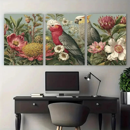 3pcs Melbourne Travel Botanical and Bird Design Wall Art Set Canvas Framed 40x60cm - High Quality Print 100% Australian Made Wall Canvas Ready to Hang