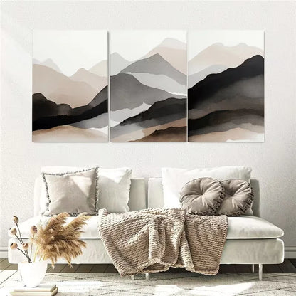 3pcs Mountain Landscape Watercolor Beige Black Wall Art Set Canvas Framed 60x90cm - High Quality Print 100% Australian Made Wall Canvas Ready to Hang