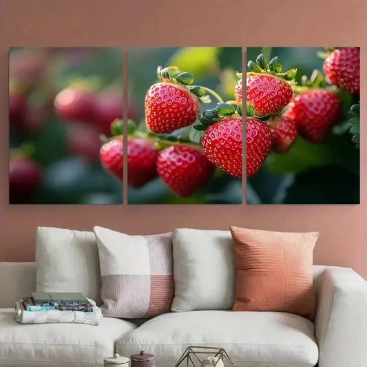 3pcs Elegant Strawberry Blossom Illustration Wall Art Set Canvas Framed 40x60cm - High Quality Print 100% Australian Made Wall Canvas Ready to Hang