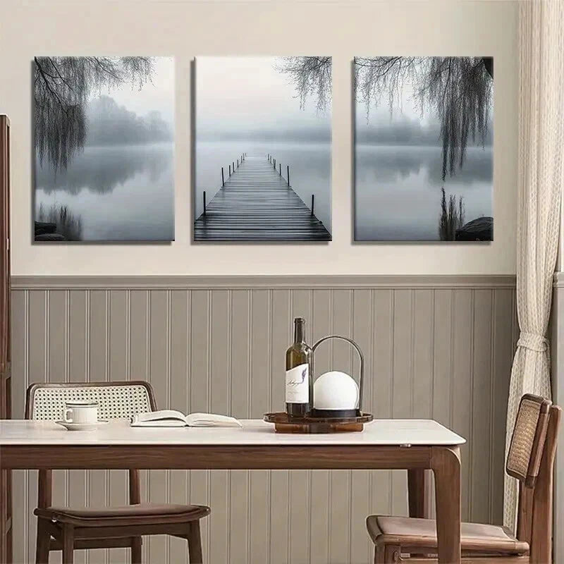 3pcs Misty Lake Dock Serene Water Willow Perfect Wall Art Set Canvas Framed 40x60cm - High Quality Print 100% Australian Made Wall Canvas Ready to Hang