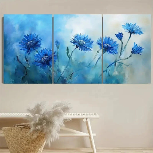 3pcs Vibrant Blue Flowers in Sky Background Metal Print Ready to Hang Art
