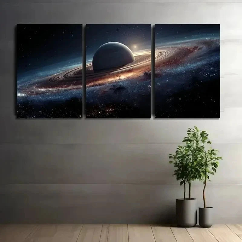 3pcs Space-Themed Wall Art with Planet & Rings Metal Print Ready to Hang Art