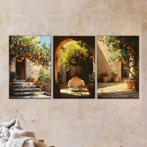 3pcs Orange Tree in a Courtyard Wall Art Set Canvas Unframed - High Quality Print 100% Australian Made Wall Canvas