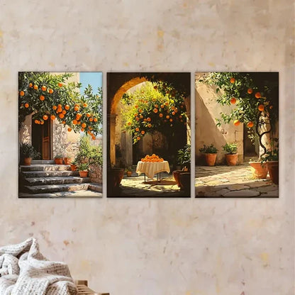 3pcs Orange Tree in a Courtyard Wall Art Set Canvas Unframed - High Quality Print 100% Australian Made Wall Canvas