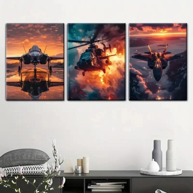 3pcs Murals Showing Military Aircraft Perfect Wall Art Set Canvas Framed 40x60cm - High Quality Print 100% Australian Made Wall Canvas Ready to Hang