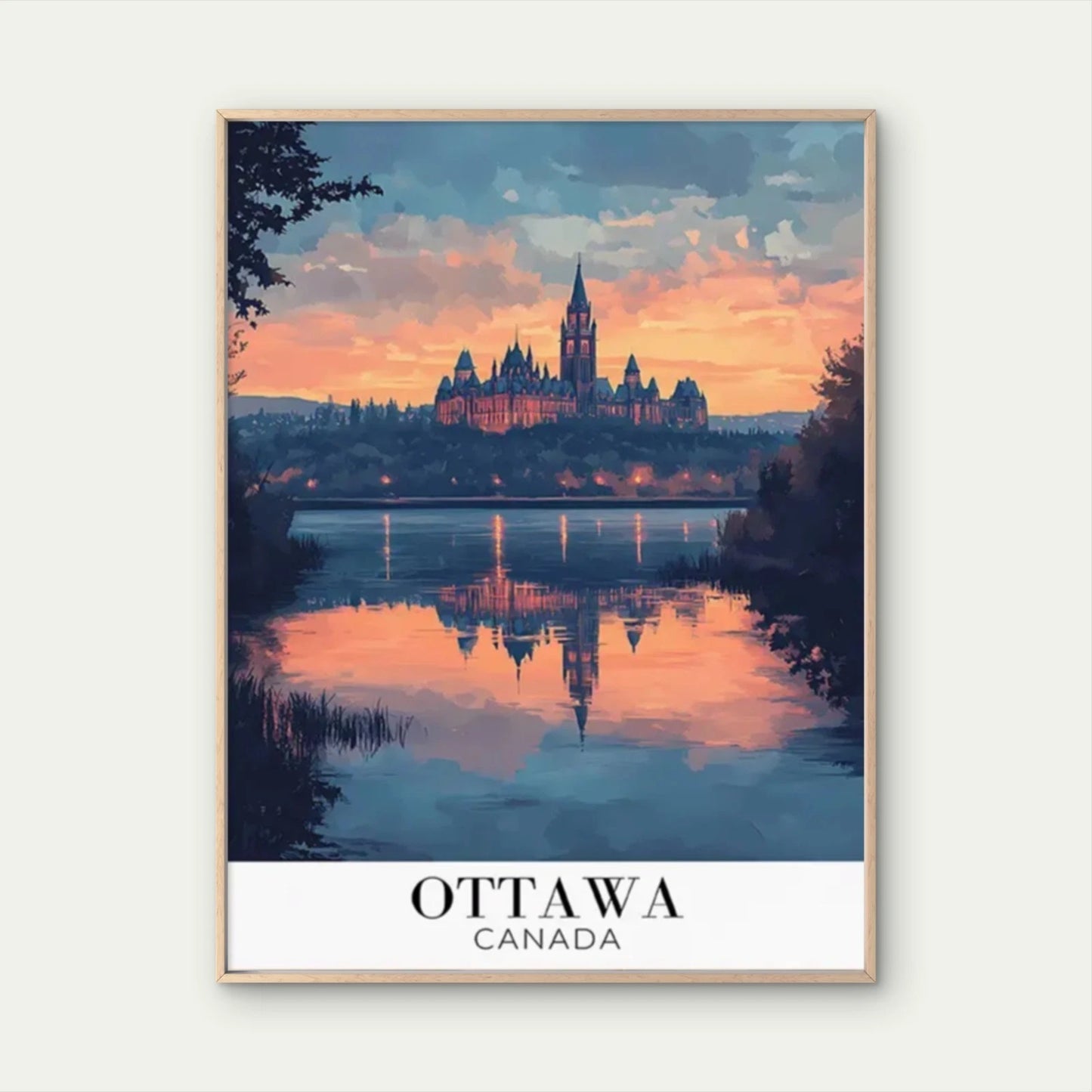 Ottawa Canada Castle Sunset Reflection Vintage Travel Poster Print Wall Art