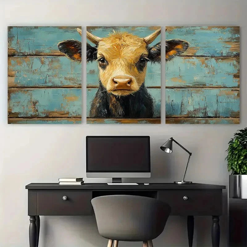 3pcs Cow Rustic Animals Farmhouse Illustration Metal Print Ready to Hang Art