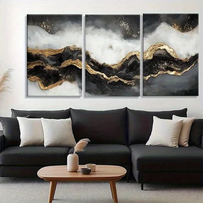 3pcs Abstract Golden and Black Wave Flowing Design Metal Print Ready to Hang Art