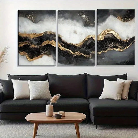 3pcs Abstract Golden and Black Wave Flowing Design Metal Print Ready to Hang Art