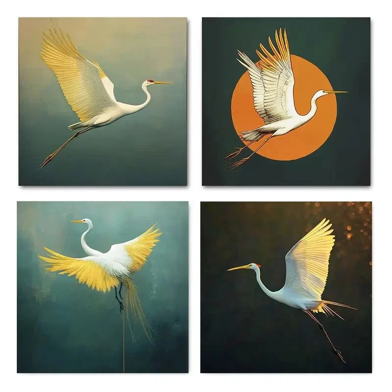 4pcs Elegant Crane Art Theme Wall Art Canvas Framed