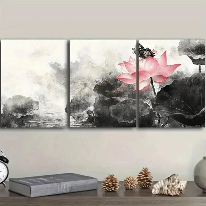 3pcs Pink for Lotus Flower Trio  Wall Art Set Canvas Framed 50x70cm - High Quality Print 100% Australian Made Wall Canvas Ready to Hang