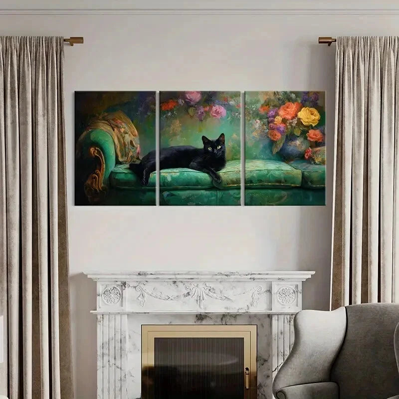 3pcs Black Cat Floral Background Green Sofa Metal Print Ready to Hang Art