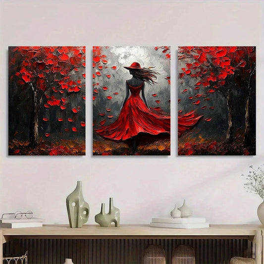 3pcs Red Dress Girl Abstract Painting Metal Print Ready to Hang Art