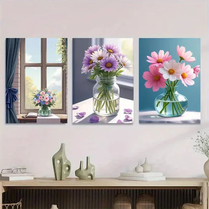3pcs Floral Bouquet Vibrant Flowers in Vases Wall Art Set Canvas Unframed - High Quality Print 100% Australian Made Wall Canvas