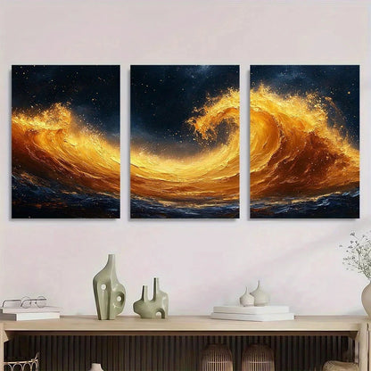 3pcs Modern Abstract Golden Swirl Theme Metal Print Ready to Hang Art