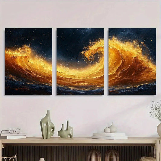 3pcs Modern Abstract Golden Swirl Theme Metal Print Ready to Hang Art