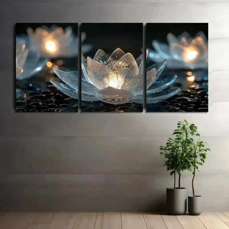 3pcs Glowing for Lotus Flowers in Glass Metal Print Ready to Hang Art