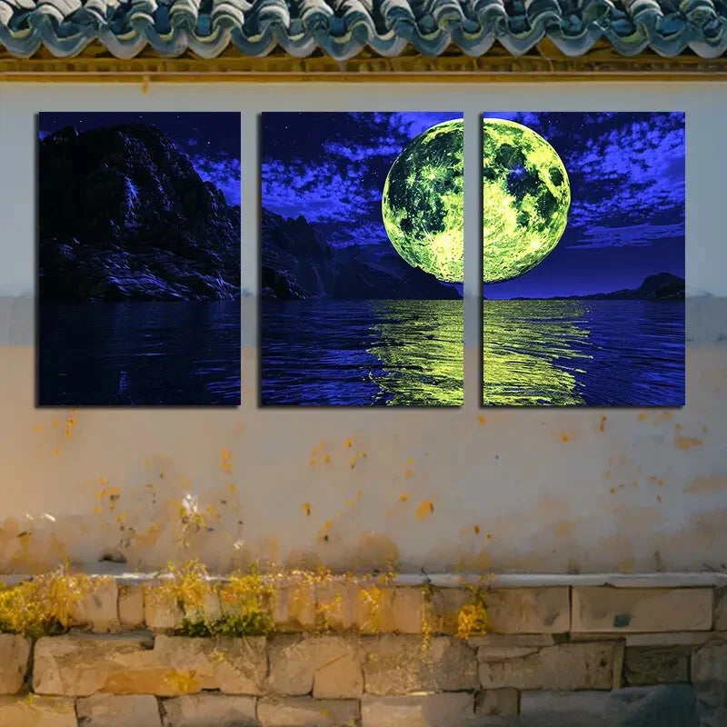 3pcs Full Moon at night Illustration Metal Print Ready to Hang Art
