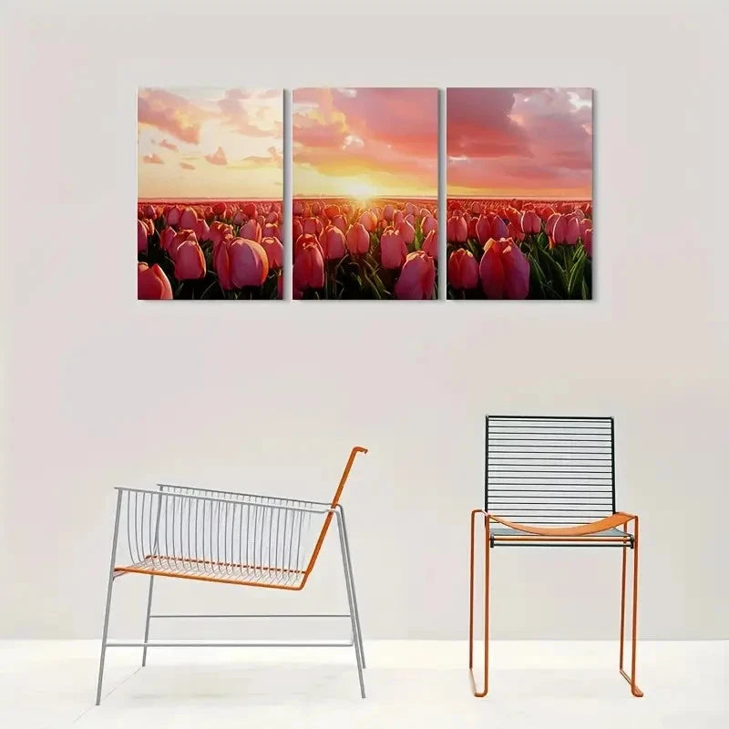 3pcs Sunset Tulip Field Botanical Metal Print Ready to Hang Art