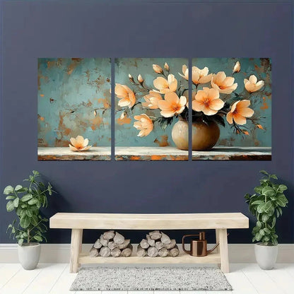 3pcs Elegant Beige Freesia Floral Serene Teal Metal Print Ready to Hang Art